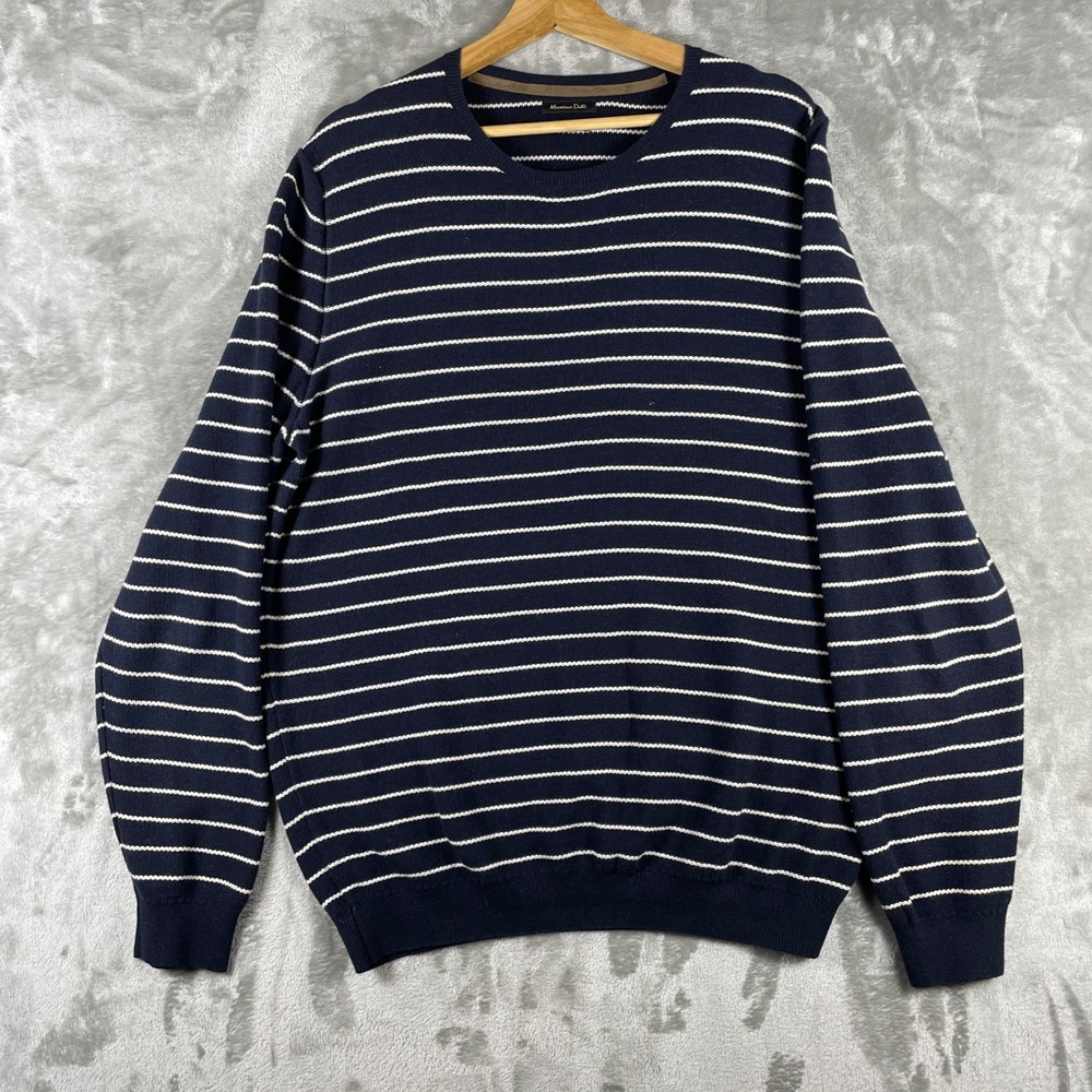Massimo Dutti Sweater Mens L Navy Blue White Striped Cotton Cashmere Crewneck